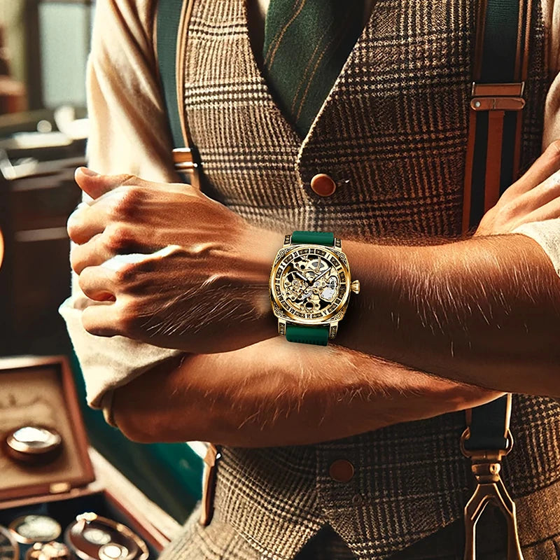 A men's yellow-green casual stylish watch with an intricately engraved strap and fully automatic mechanical movement