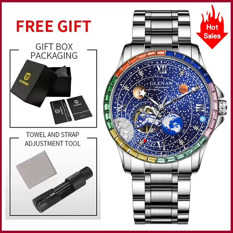 New GLENAW Rotating Earth Mechanical Watch Men Space astronaut dial Night Light Waterproof Stainless Steel Strap Automatic Watch