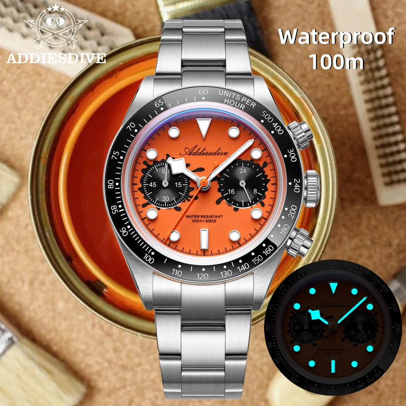 ADDIESDIVE New Luxury Mens Quartz Chronograph Watch VK64 Luxury Wristwatch Ceramic Bezel Stainless Steel 100M Waterproof AD2520