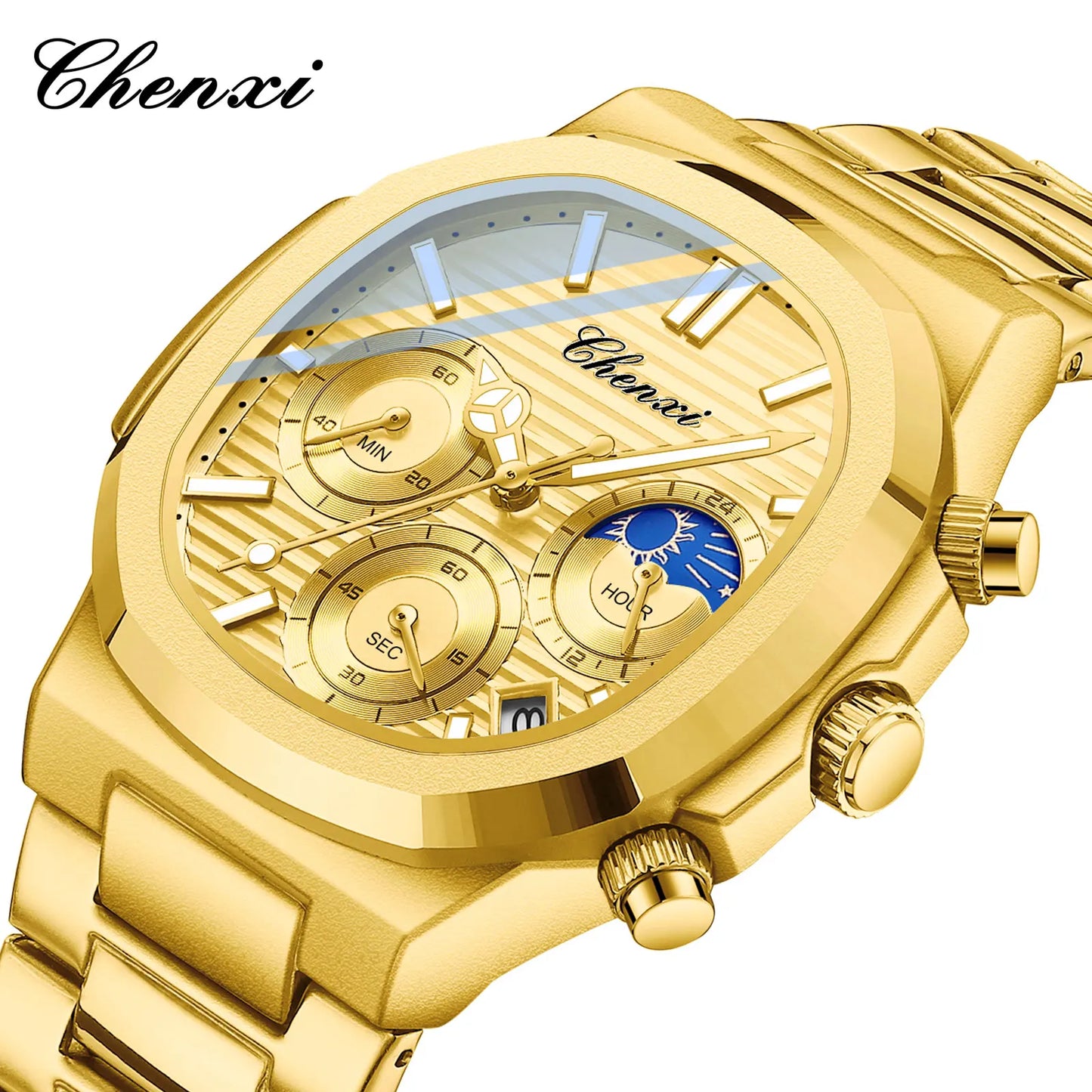 CHENXI Luxury Business Multifunctional Men's Watches Waterproof Chronograph Moonphase Stainless Steel Men's Quartz Watch Casual