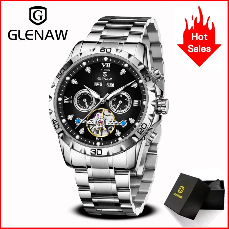 GLENAW NEW Year Month Sunday Multi-functional Mechanical Watch Men luxury Stainless Steel Waterproof Automatic watch steel strip