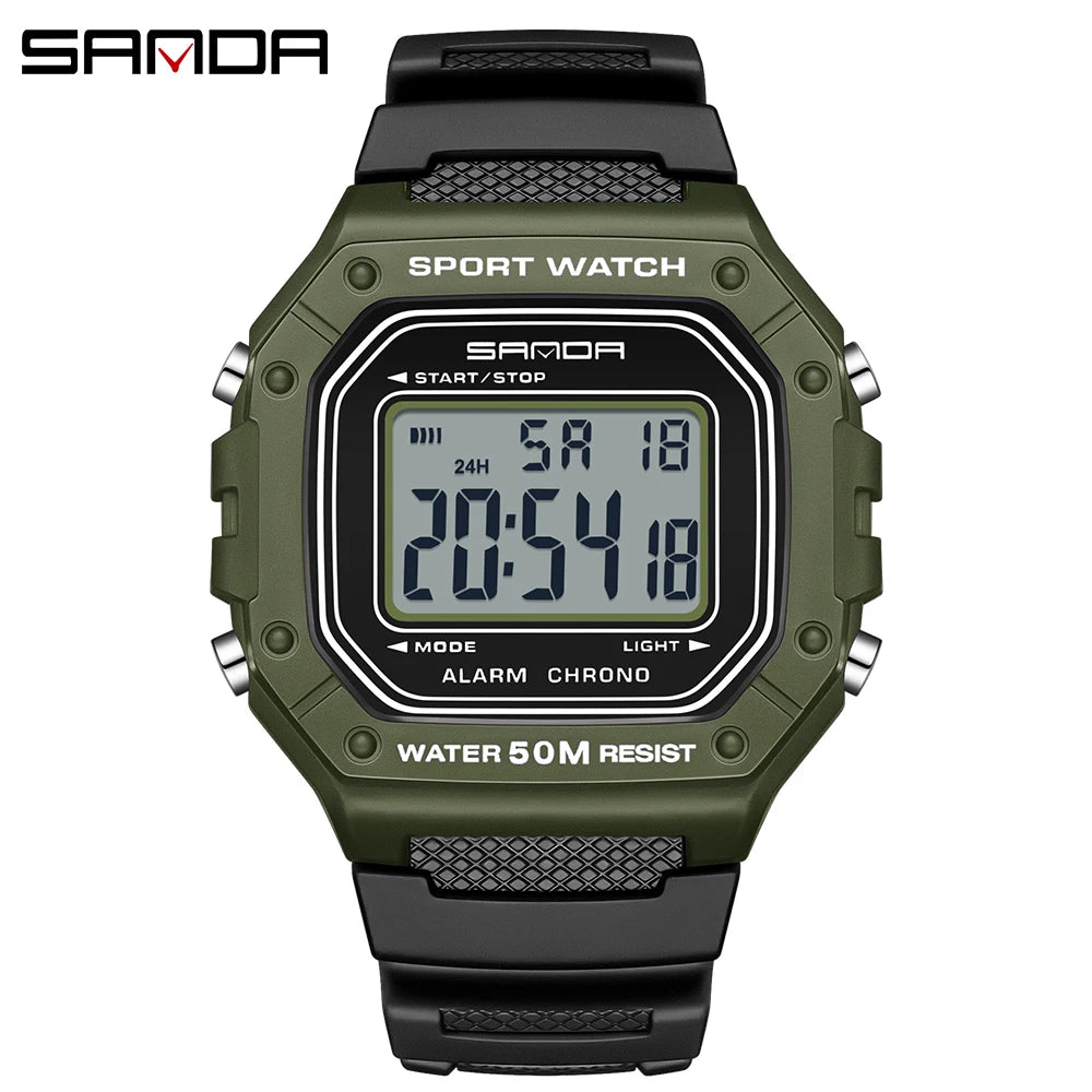 SANDA Fashion 2156 Men's Electronic Watch Movement Rectangular Sports Waterproof LED Display Screen Dial Men's Electronic Watch