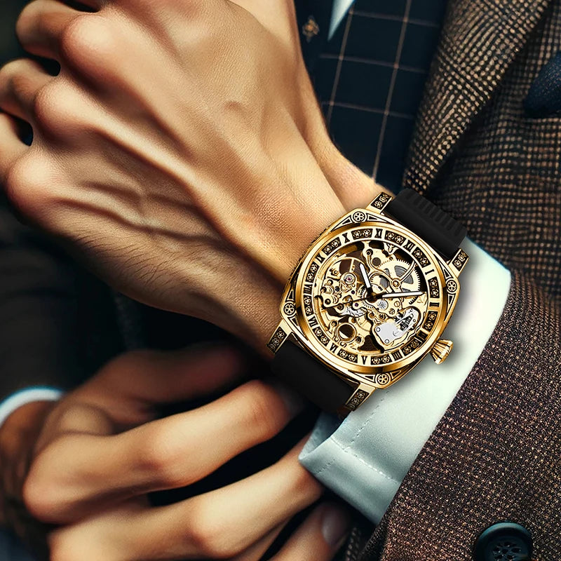 A men's yellow and black casual fashion mechanical watch with exquisite engraved hollow pattern