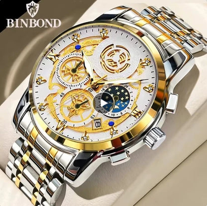 BINBOND B4010 4010 Fashion Casual Quartz Men Watch Stainless Steel Strap Luxury Dial Luminous Waterproof Business Men Wristwatch