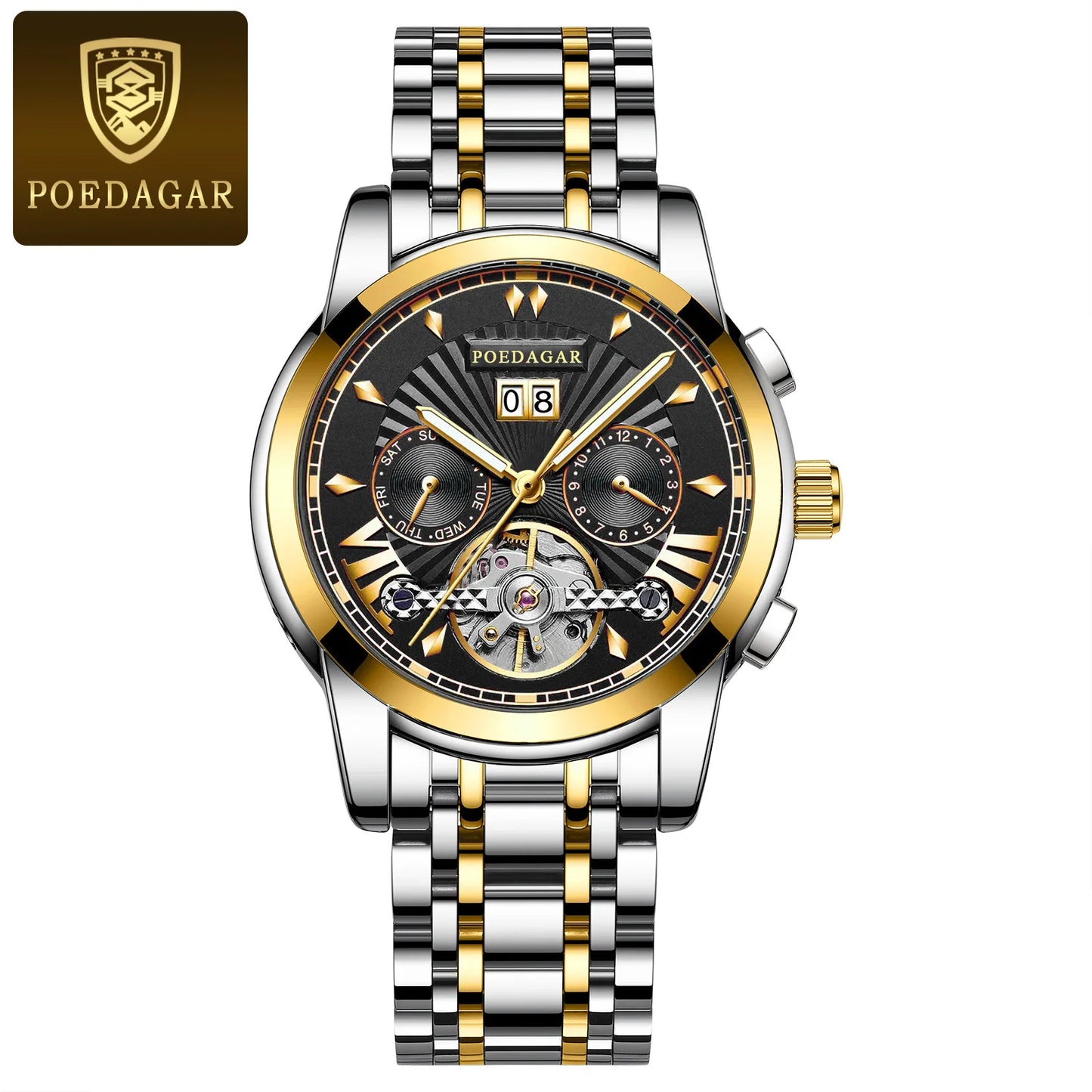 POEDAGAR Automatic Watches 1401 Luxury Mechanical Tourbillon Watch for Men Full Steel Mens Wristwatch Clock Relogio Masculino