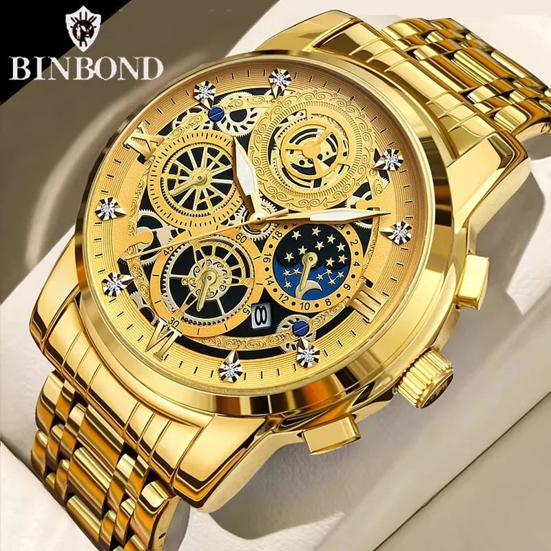 BINBOND B4010 4010 Fashion Casual Quartz Men Watch Stainless Steel Strap Luxury Dial Luminous Waterproof Business Men Wristwatch