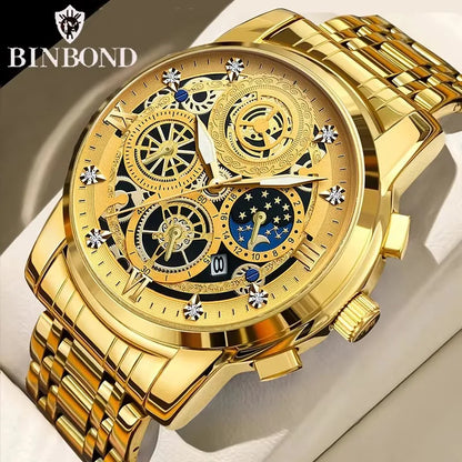 BINBOND B4010 4010 Fashion Casual Quartz Men Watch Stainless Steel Strap Luxury Dial Luminous Waterproof Business Men Wristwatch