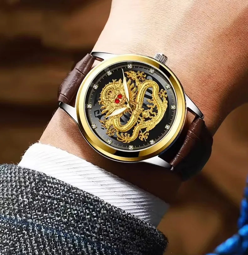 FNGEEN S336 Mens Style Wristwatches Stainless Steel Leather Fashion Luxury Hot Selling Gold Dragon Quartz Watch for Men Relojes