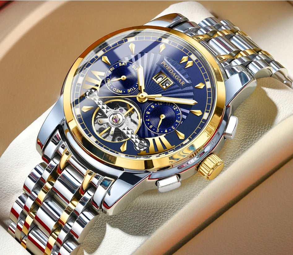 POEDAGAR Automatic Watches 1401 Luxury Mechanical Tourbillon Watch for Men Full Steel Mens Wristwatch Clock Relogio Masculino
