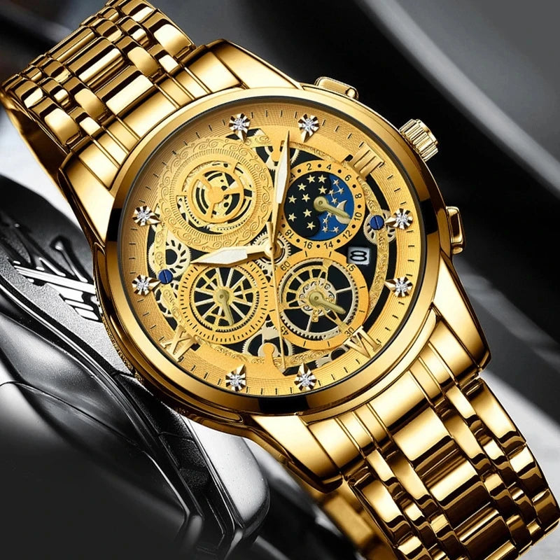 BINBOND B4010 4010 Fashion Casual Quartz Men Watch Stainless Steel Strap Luxury Dial Luminous Waterproof Business Men Wristwatch