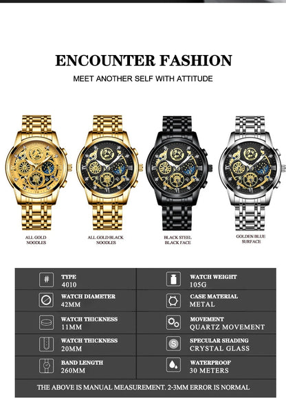 BINBOND B4010 4010 Fashion Casual Quartz Men Watch Stainless Steel Strap Luxury Dial Luminous Waterproof Business Men Wristwatch