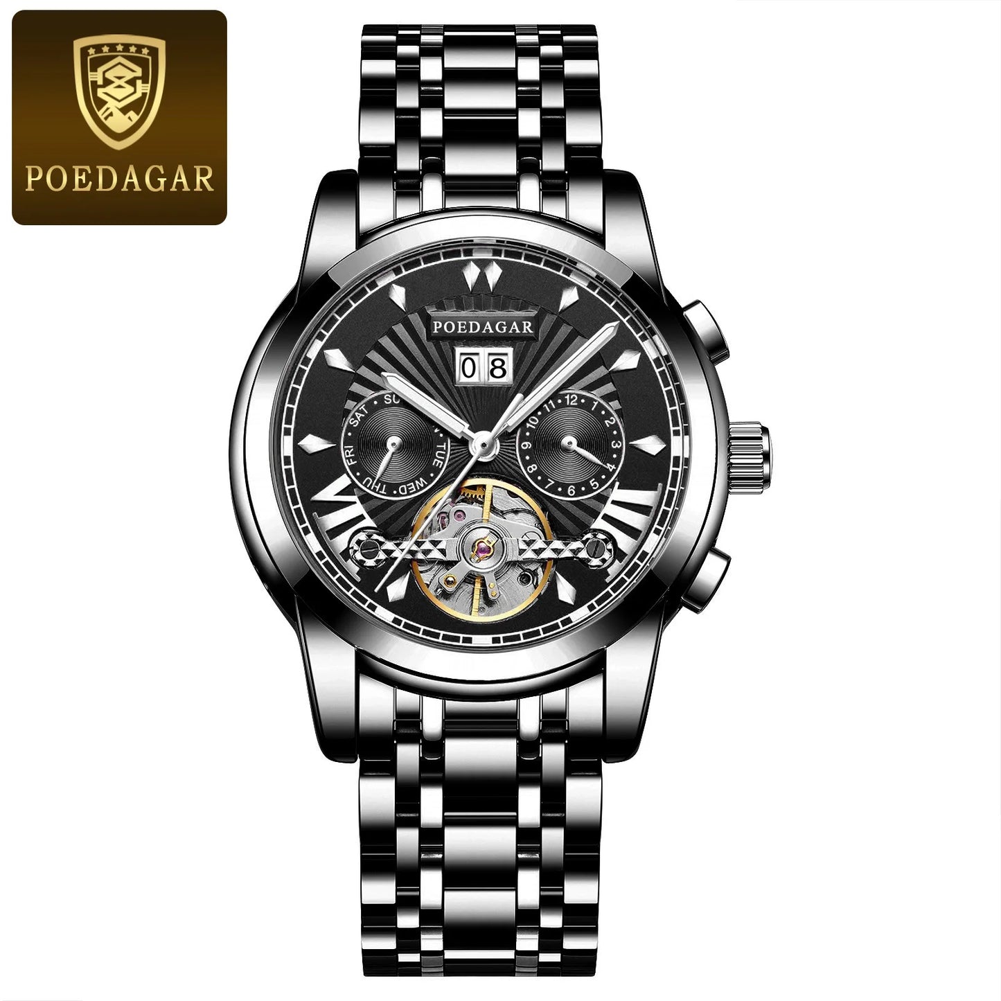 POEDAGAR Automatic Watches 1401 Luxury Mechanical Tourbillon Watch for Men Full Steel Mens Wristwatch Clock Relogio Masculino