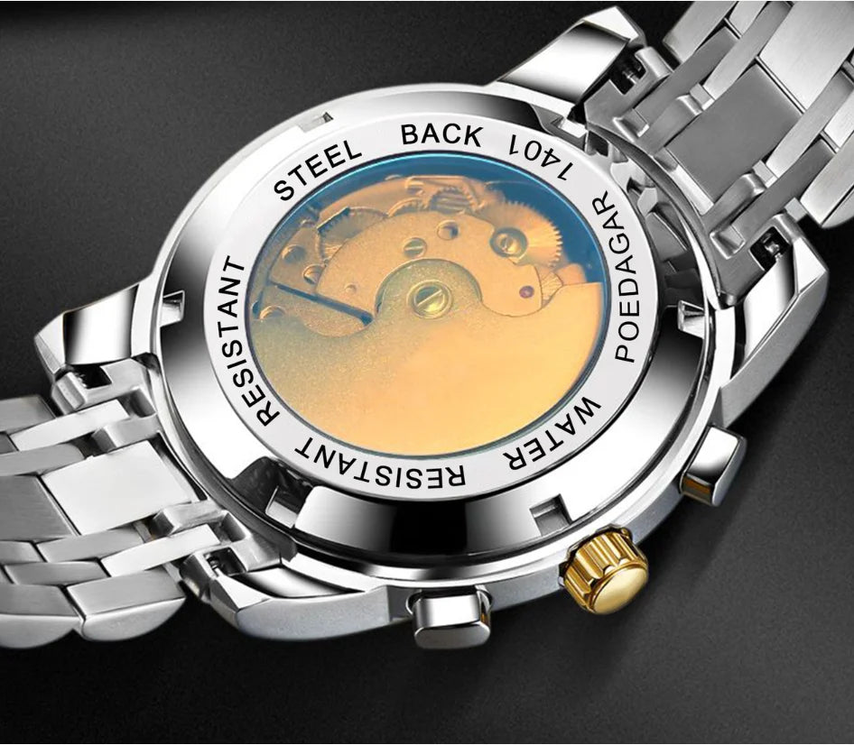 POEDAGAR Automatic Watches 1401 Luxury Mechanical Tourbillon Watch for Men Full Steel Mens Wristwatch Clock Relogio Masculino