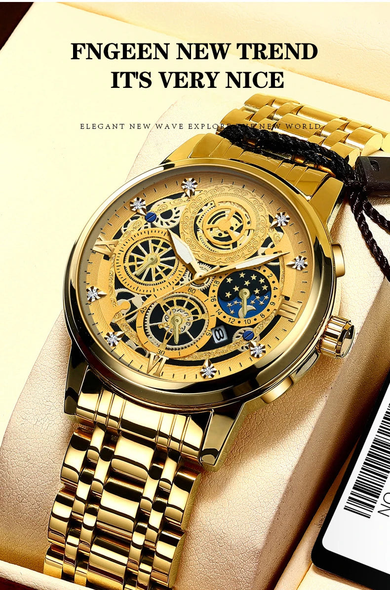 BINBOND B4010 4010 Fashion Casual Quartz Men Watch Stainless Steel Strap Luxury Dial Luminous Waterproof Business Men Wristwatch