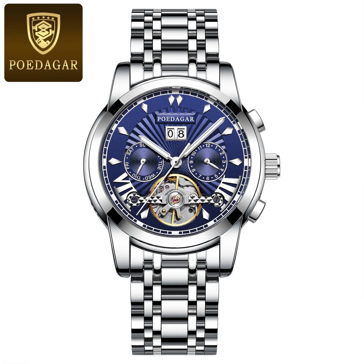 POEDAGAR Automatic Watches 1401 Luxury Mechanical Tourbillon Watch for Men Full Steel Mens Wristwatch Clock Relogio Masculino