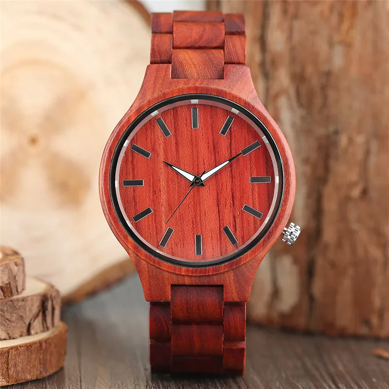 100% Nature Red Sandalwood Full Wooden Bangle Watches Simple Men's Handmade Wood Quartz-watch Bamboo Wrist Watch Reloj de madera