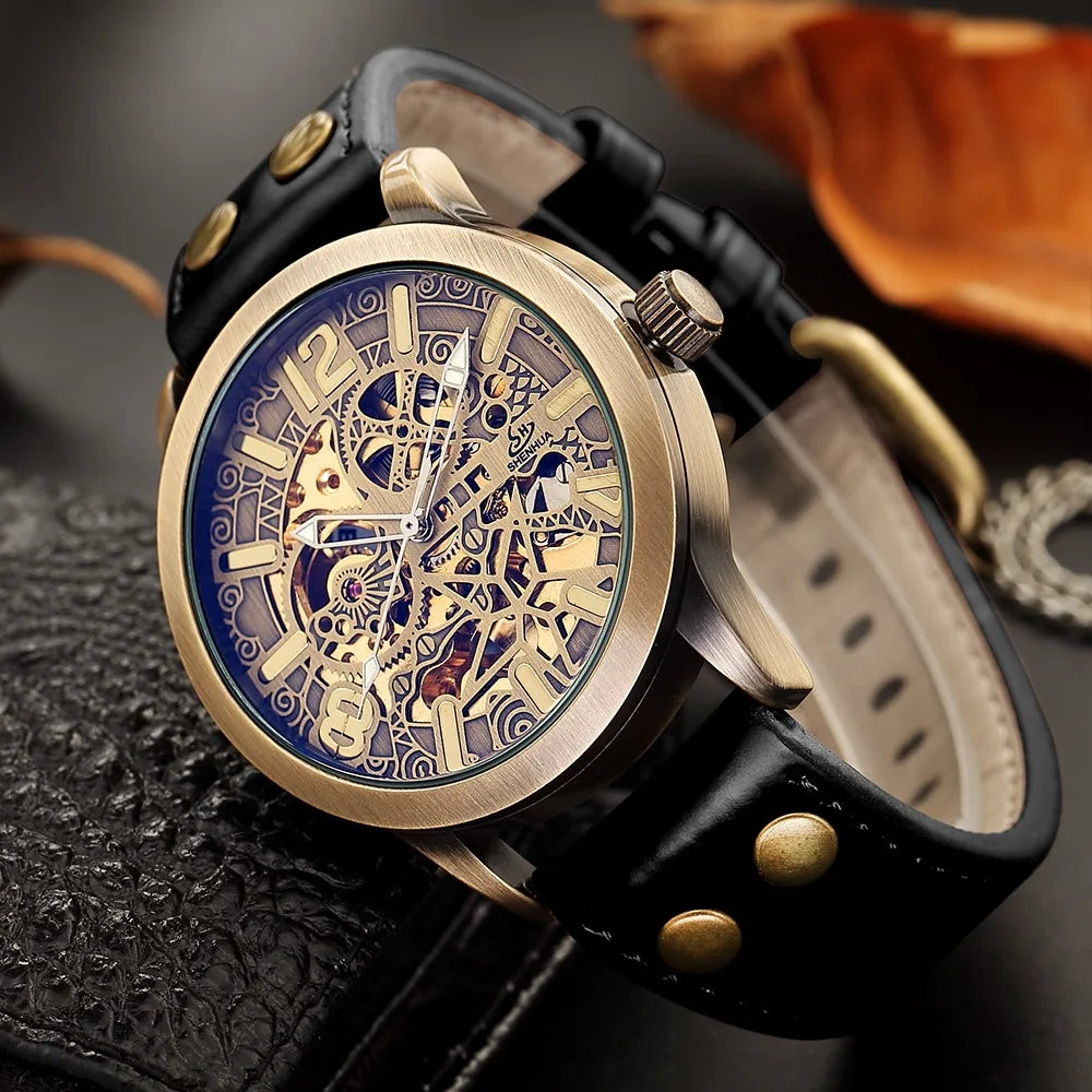 SHENHUA 9289 Men Automatic Mechanical Watch Stainless Steel Leather Strap Luxury Fashion Casual Wristwatches for Montre Relojes