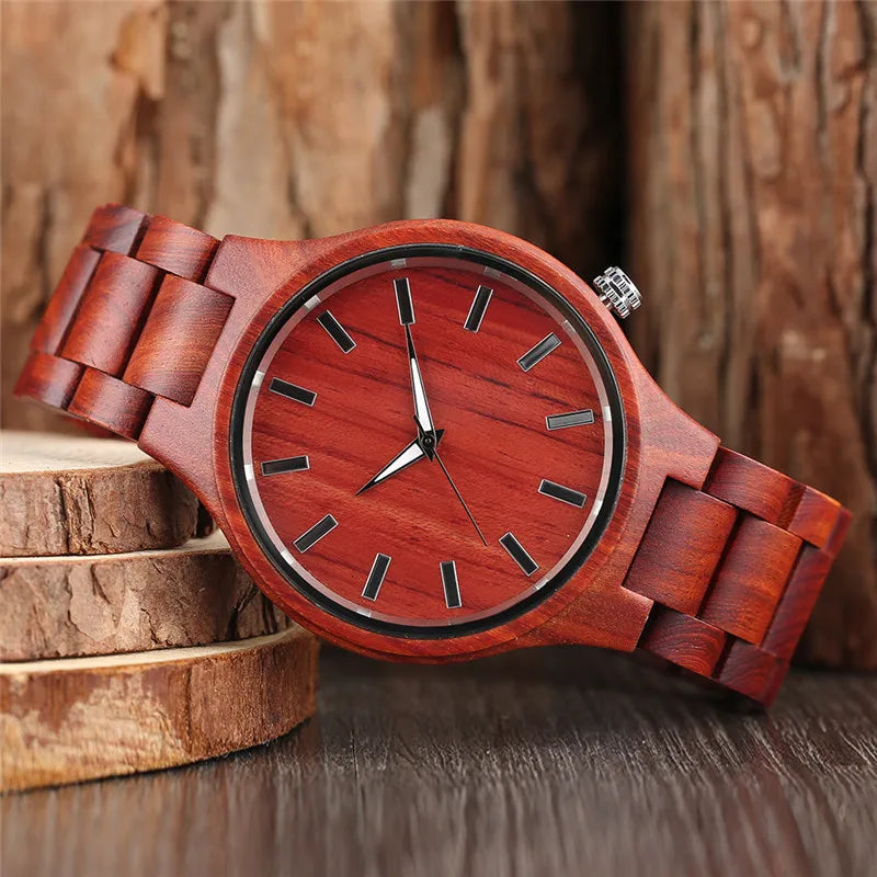 100% Nature Red Sandalwood Full Wooden Bangle Watches Simple Men's Handmade Wood Quartz-watch Bamboo Wrist Watch Reloj de madera