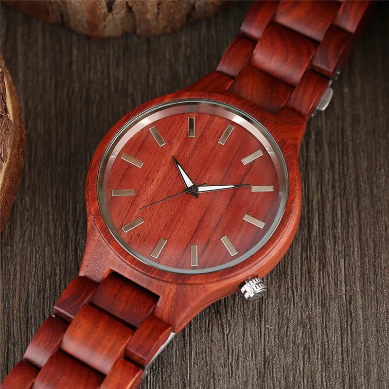 100% Nature Red Sandalwood Full Wooden Bangle Watches Simple Men's Handmade Wood Quartz-watch Bamboo Wrist Watch Reloj de madera