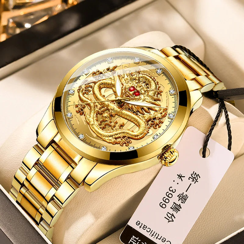FNGEEN S336 Mens Style Wristwatches Stainless Steel Leather Fashion Luxury Hot Selling Gold Dragon Quartz Watch for Men Relojes