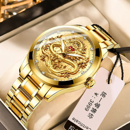 FNGEEN S336 Mens Style Wristwatches Stainless Steel Leather Fashion Luxury Hot Selling Gold Dragon Quartz Watch for Men Relojes