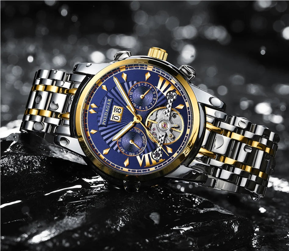 POEDAGAR Automatic Watches 1401 Luxury Mechanical Tourbillon Watch for Men Full Steel Mens Wristwatch Clock Relogio Masculino