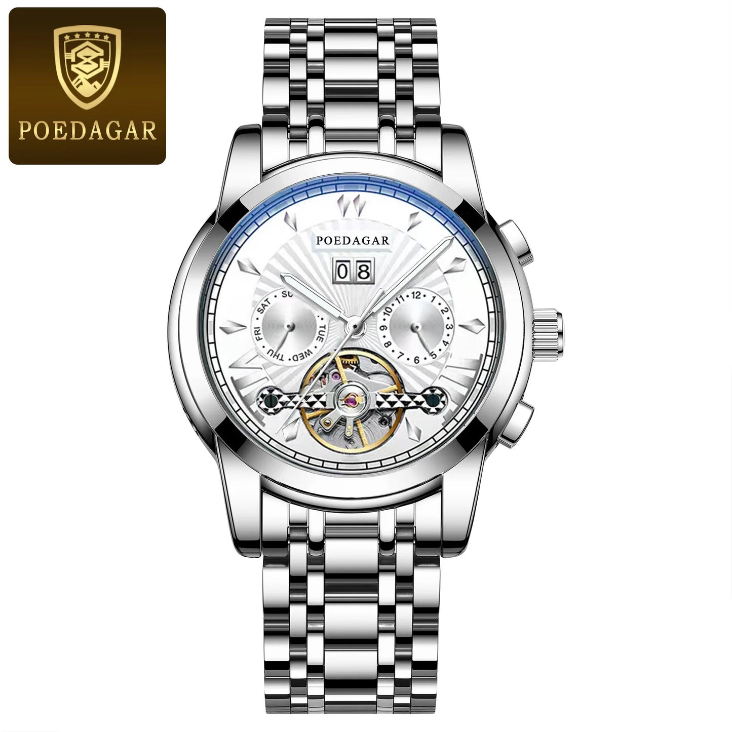 POEDAGAR Automatic Watches 1401 Luxury Mechanical Tourbillon Watch for Men Full Steel Mens Wristwatch Clock Relogio Masculino