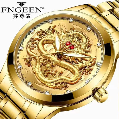FNGEEN S336 Mens Style Wristwatches Stainless Steel Leather Fashion Luxury Hot Selling Gold Dragon Quartz Watch for Men Relojes
