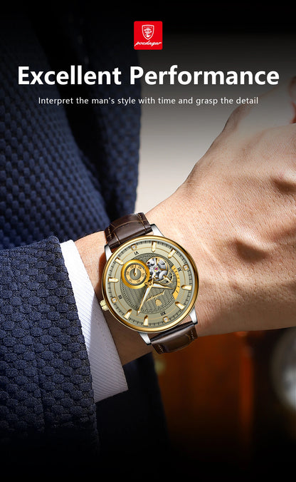 POEDAGAR Military Sport Man Watch Waterproof Luminous Hollow Tourbillon Men Clock Automatic Mechanical Leather Men's Watches+Box