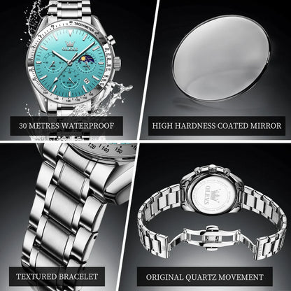 OLEVS Original Quartz Man Watch Stainless Steel Moon Phase Waterproof Chronograph Men's Wristwatches Auto Date Hand Clock 3618