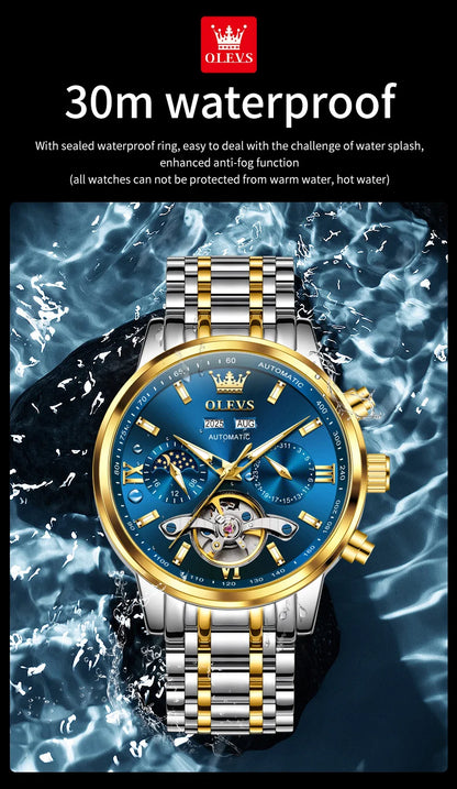 OLEVS 6740 Skeleton Flywheel Artistic Multifunctional Dials High Definition Translucent Coated Mirror Luminous Men's Watch