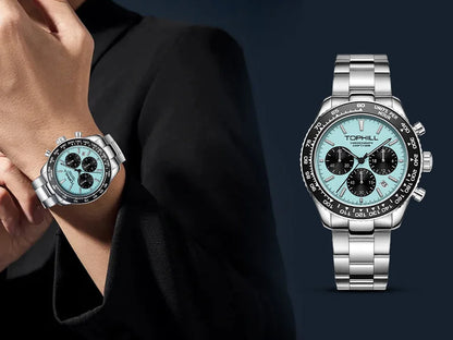 TOPHILL Racing Chronograph Men’s Quartz Watch Panda dial Tachymeter Bezel Sport Wristwatch Stainless Steel 100M Waterproof