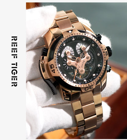 Reef Tiger/RT Designer Stainless Steel Completed Calendar Automatic Watch Men Date Rose Gold Bracelet Mechanical Watches RGA3503