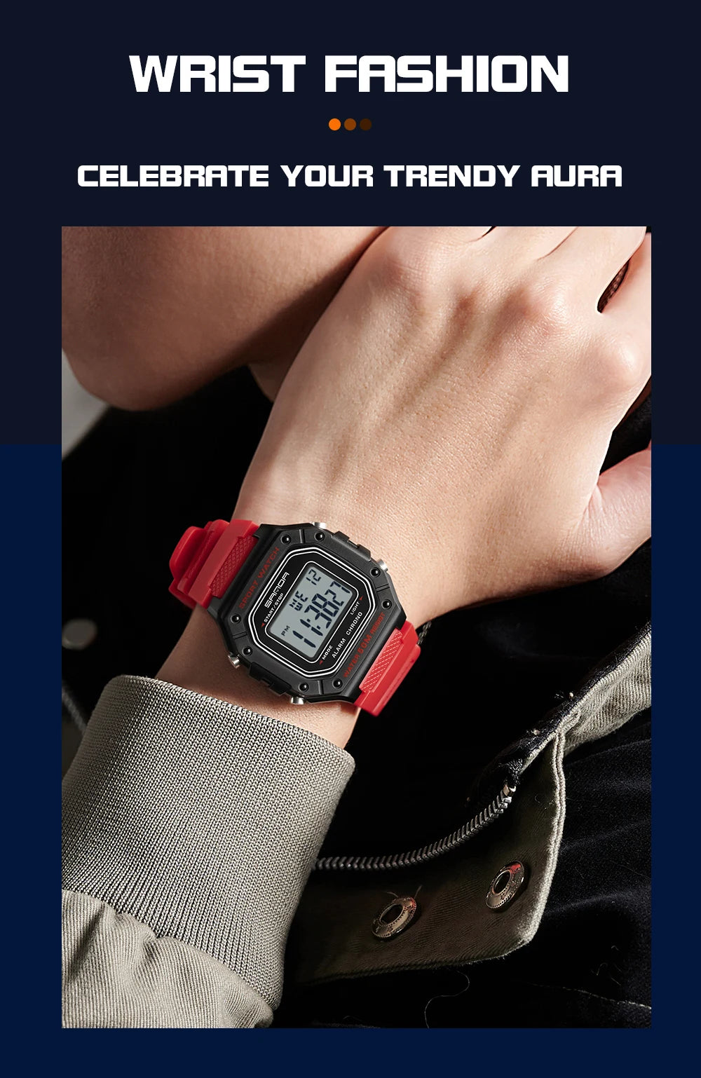 SANDA Fashion 2156 Men's Electronic Watch Movement Rectangular Sports Waterproof LED Display Screen Dial Men's Electronic Watch
