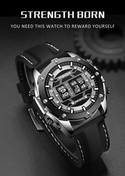 YASHIDUN Men Quartz Watch Roller Digital Dial Design Silicone Strap Versatile Wristwatch Clock Waterproof Military Sports Clock
