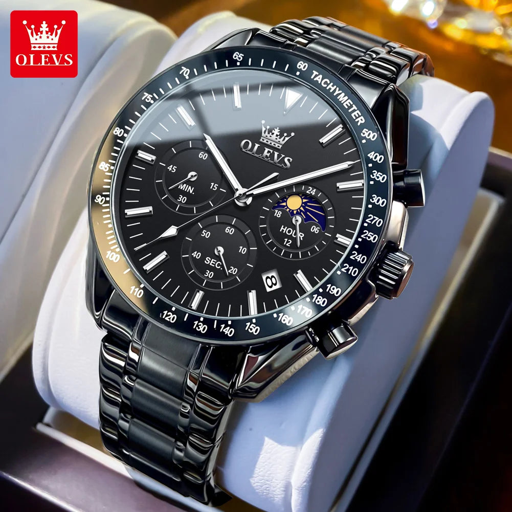 OLEVS Original Quartz Man Watch Stainless Steel Moon Phase Waterproof Chronograph Men's Wristwatches Auto Date Hand Clock 3618