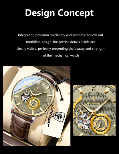 POEDAGAR Military Sport Man Watch Waterproof Luminous Hollow Tourbillon Men Clock Automatic Mechanical Leather Men's Watches+Box