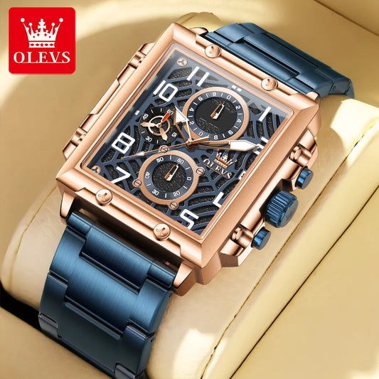 OLEVS Brand Square Multifunctional Quartz Watch for Men Stainless Steel Waterproof Sport Chronograph Mens Watches Reloj Hombre