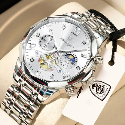 POEDAGAR Exquisite Business Men Watch Waterproof Luminous Chronograph Luxury Man Watches Stainless Steel Men's Quartz Wristwatch