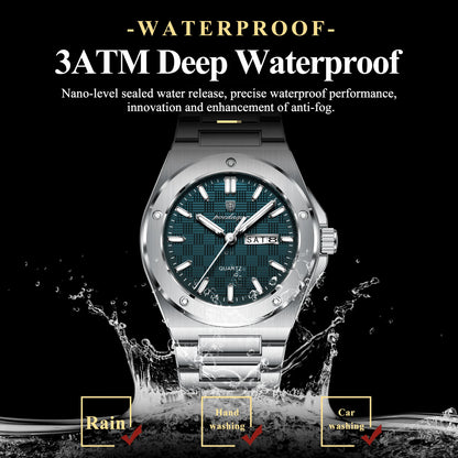 POEDAGAR Original Men Clock Quartz Date Week Luxury Man Wristwatch Waterproof Luminous Stainless Steel Sport Men's Watches Reloj