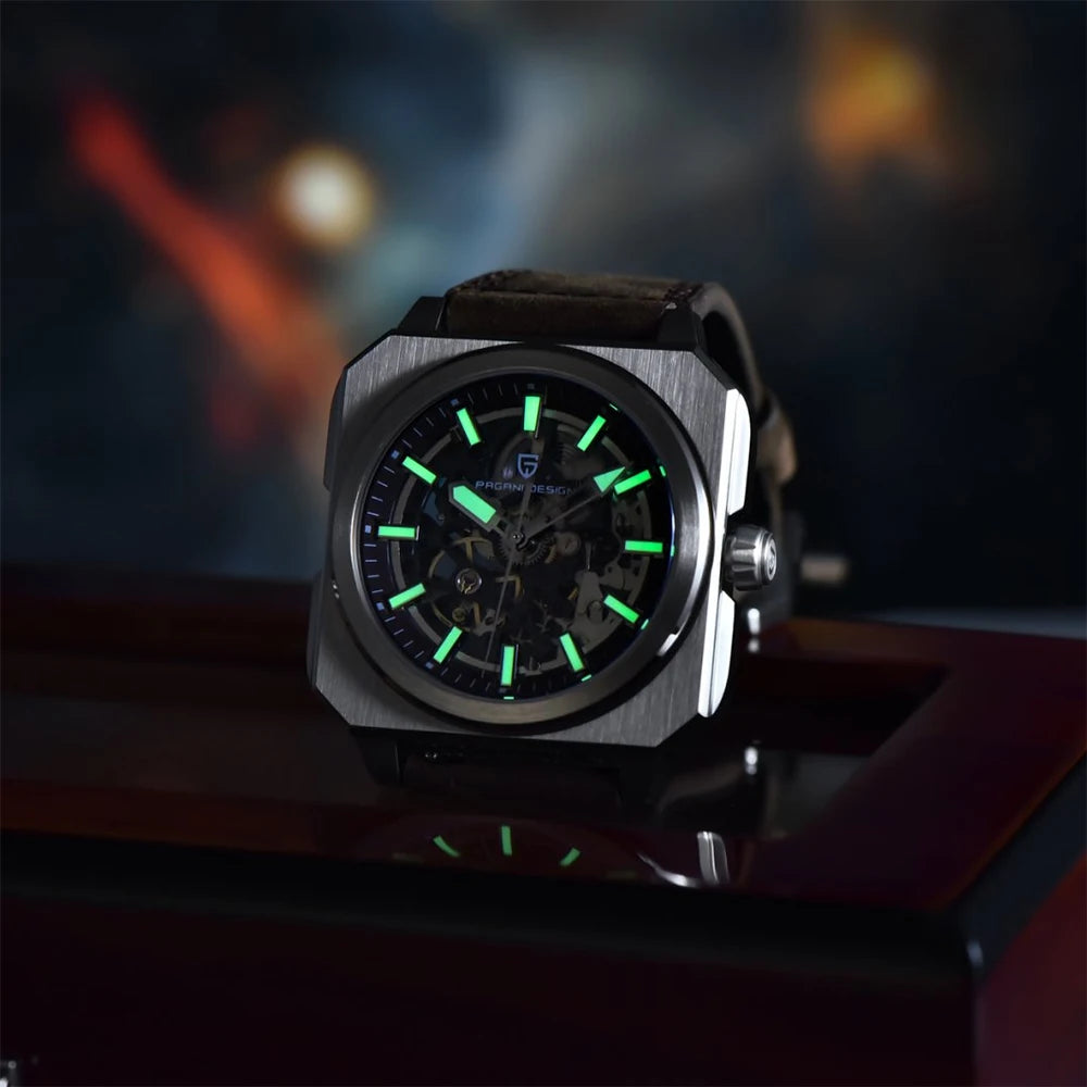 PAGANI DESIGN sports Square Men's Mechanical Automatic Watch Waterproof Retro Leather Outdoor Sports Luminous Gift Men's Watch