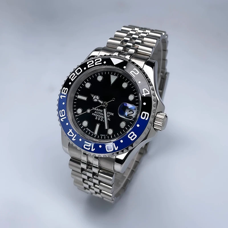 40MM Diameter YM Design Two-Way Rotating Bezel Sapphire Glass Luminous Dial for NH35 Movement Jubile Strap Luxury Men's Watch