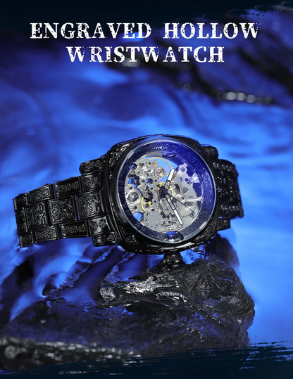 Forsining Gold Square Skeleton Automatic Mechanical Watches Engraved Design Luminous Hands Stainless Steel Strap Retro Men Watch