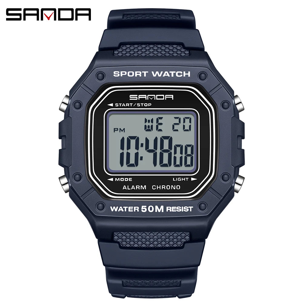 SANDA Fashion 2156 Men's Electronic Watch Movement Rectangular Sports Waterproof LED Display Screen Dial Men's Electronic Watch