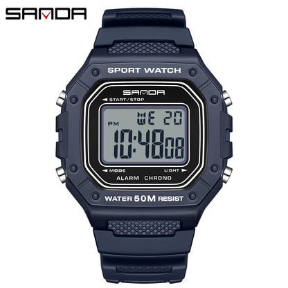 SANDA Fashion 2156 Men's Electronic Watch Movement Rectangular Sports Waterproof LED Display Screen Dial Men's Electronic Watch