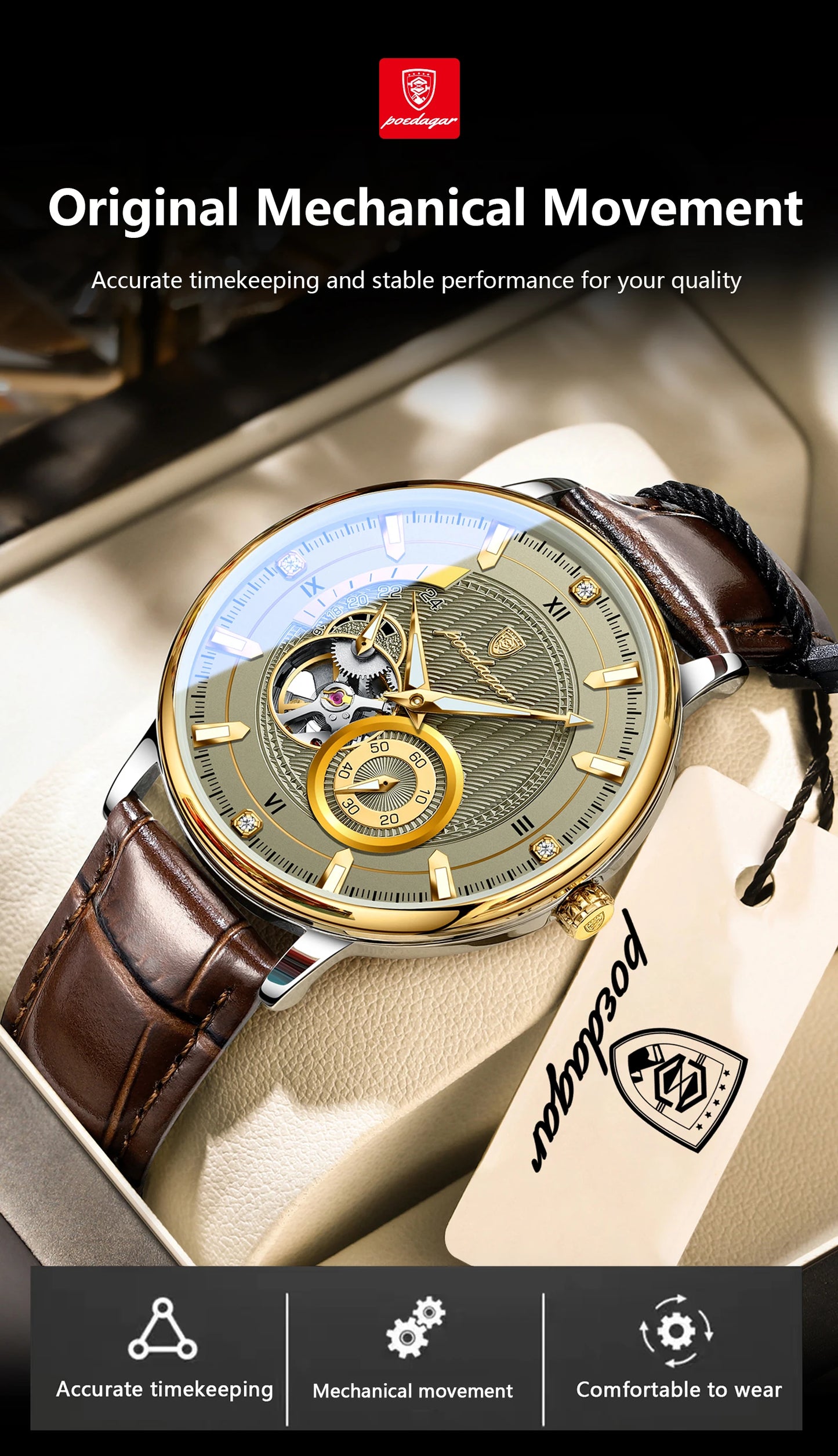 POEDAGAR Military Sport Man Watch Waterproof Luminous Hollow Tourbillon Men Clock Automatic Mechanical Leather Men's Watches+Box