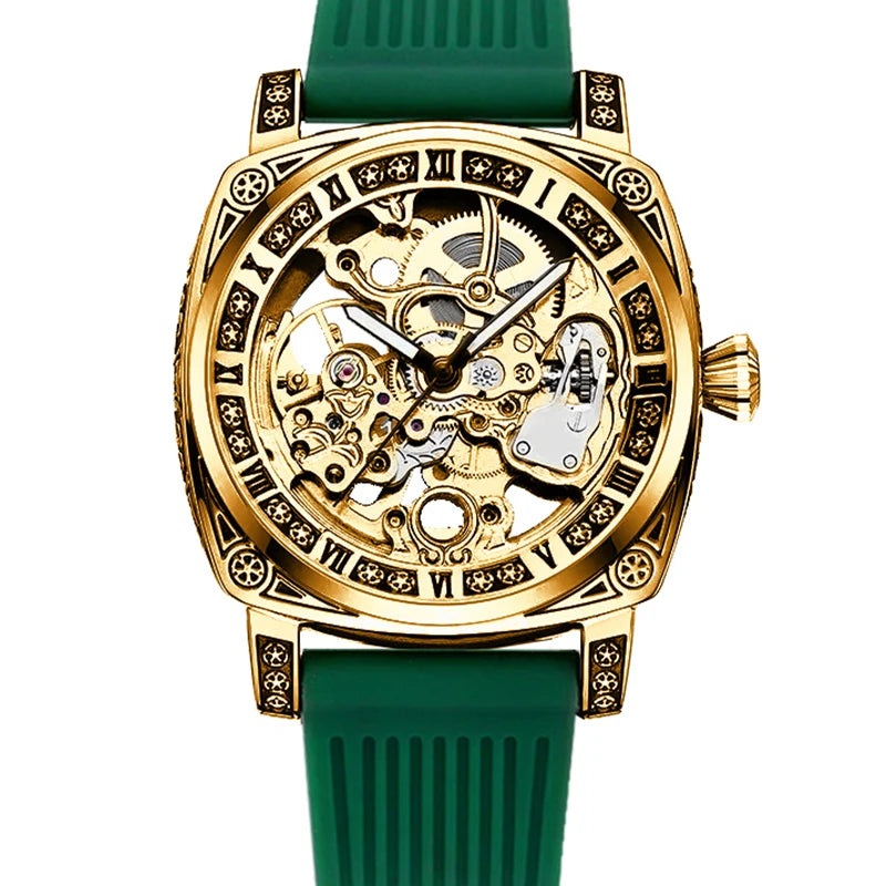 A men's yellow-green casual stylish watch with an intricately engraved strap and fully automatic mechanical movement