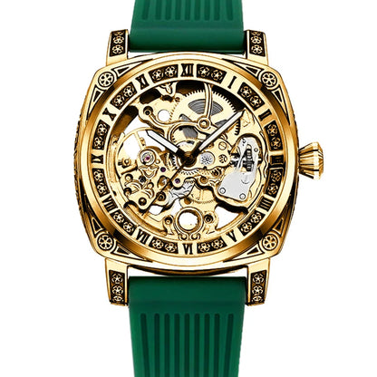 A men's yellow-green casual stylish watch with an intricately engraved strap and fully automatic mechanical movement