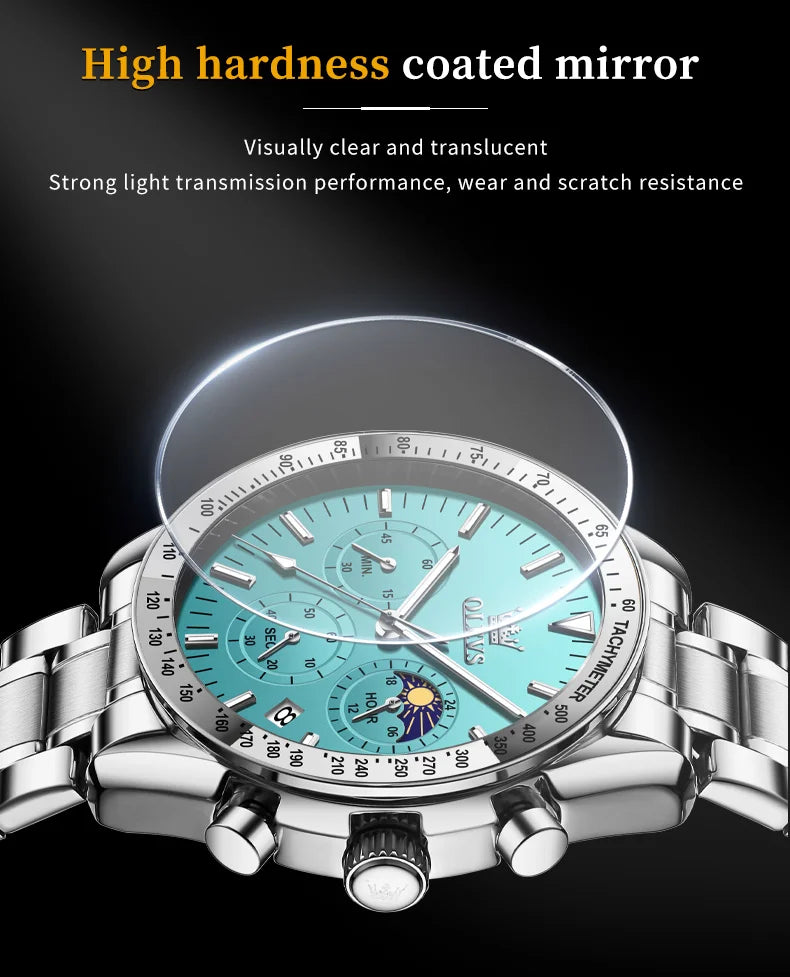 OLEVS Original Quartz Man Watch Stainless Steel Moon Phase Waterproof Chronograph Men's Wristwatches Auto Date Hand Clock 3618