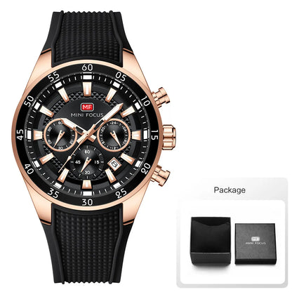 2026 New MINI FOCUS Men's Sports Quartz Watch Casual Analog Wrist Watch with Luminous Hands Silicone Strap Date Water Resistant